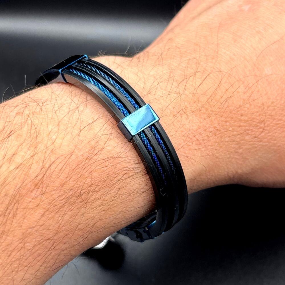 Blackjack BJB251BL Mens Blue Silicone Black Stainless Steel  Bangle ID Bracelet - Picture 5 of 17